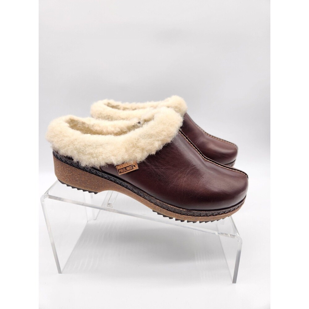Pikolinos Granada Size 37 Brown Leather Clog Faux Shearling Mules Women